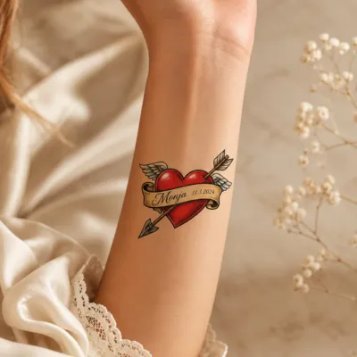 Personalizirana tattoo nalepka s srcem in besedilom po želji 